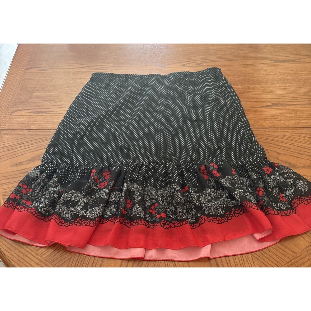 Vintage 90s Y2K Whimsigoth Polka Dot Floral Ruffle Midi Skirt Black Red XL